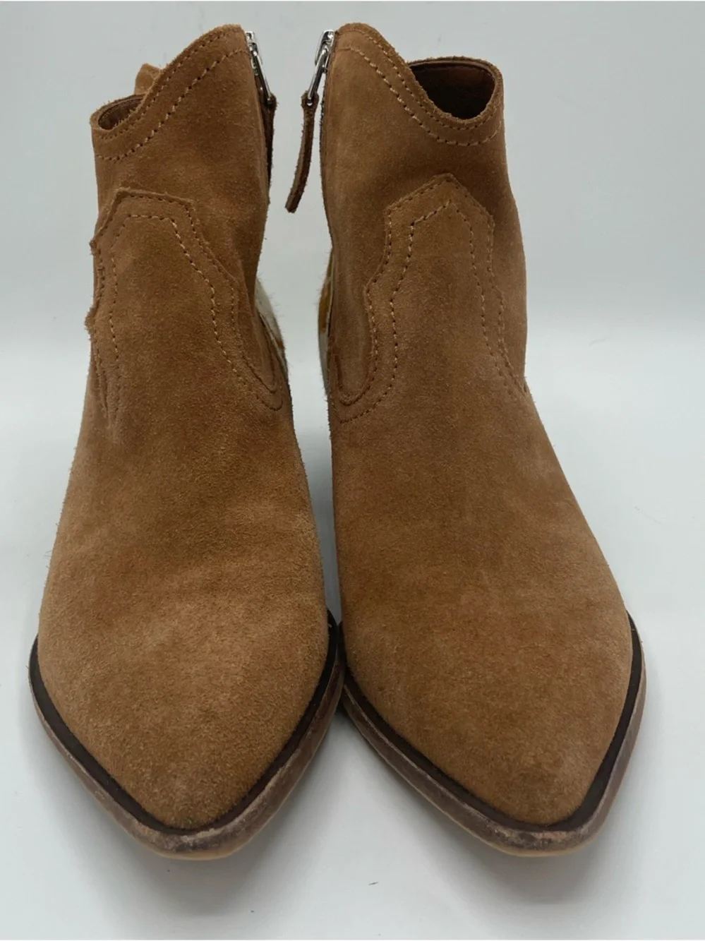 Dolce Vita Senica Suede Western Ankle Boot with Cowhide Heel Accent.